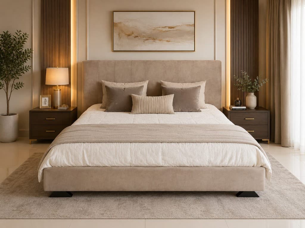 Taupe upholstered bed with curtains and nightstands