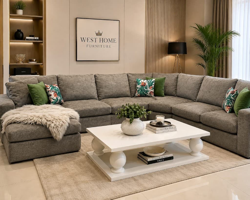 Grey sectional with green accent cushions